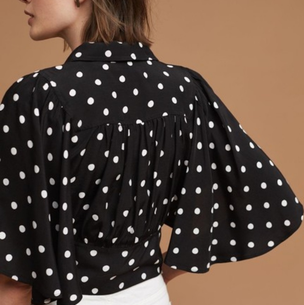 Anthropologie I 10P Maeve Canna Polka Dot Tie Waist Flutter Kimono Sleeve Blouse